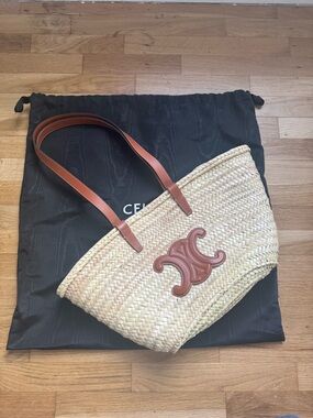 Authentic Medium Celine classic panier in palm leaves and calfskin